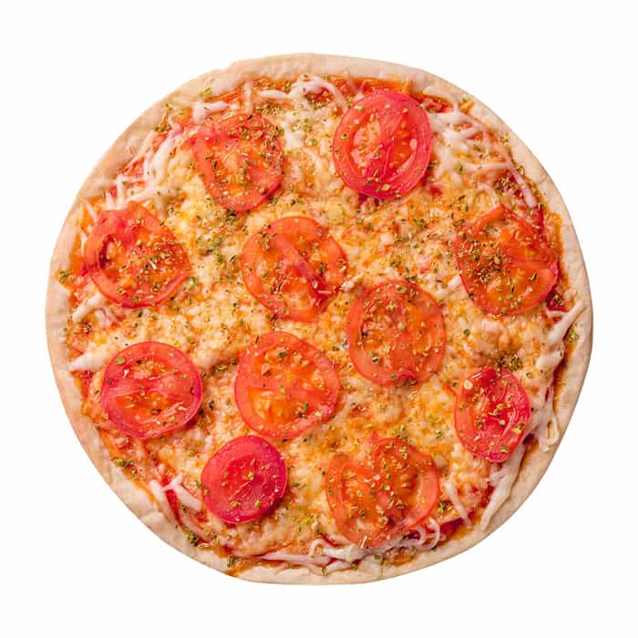 Margarita pizza, jossa tomaattia, juustoa