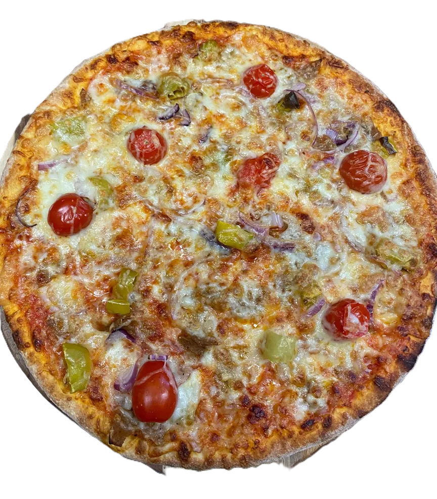 Pizza, jossa tomaattia ja juustoa.